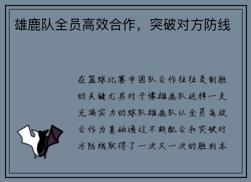 雄鹿队全员高效合作，突破对方防线