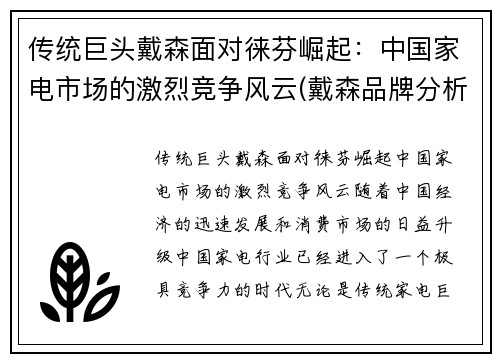 传统巨头戴森面对徕芬崛起：中国家电市场的激烈竞争风云(戴森品牌分析)