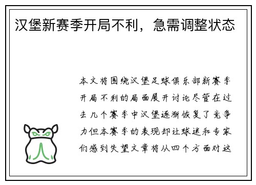 汉堡新赛季开局不利，急需调整状态