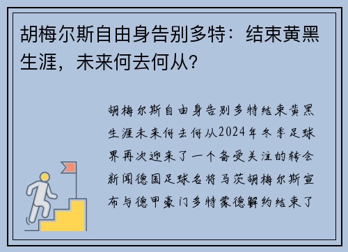 胡梅尔斯自由身告别多特：结束黄黑生涯，未来何去何从？