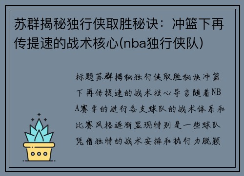 苏群揭秘独行侠取胜秘诀：冲篮下再传提速的战术核心(nba独行侠队)