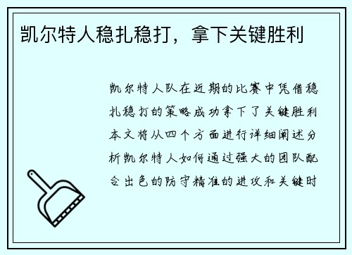 凯尔特人稳扎稳打，拿下关键胜利