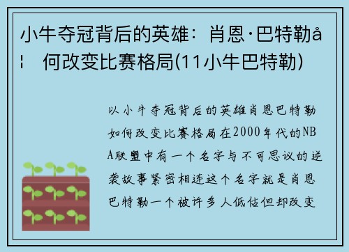 小牛夺冠背后的英雄：肖恩·巴特勒如何改变比赛格局(11小牛巴特勒)